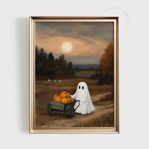 May include: A framed print depicts a whimsical scene of a ghost pushing a wheelbarrow filled with pumpkins. The artwork is set in a rural landscape with a sunset and trees. The print has a gold frame.