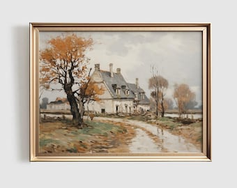 Autumn Farmhouse Landscape Print | Vintage Rustic Art (Digital Download)