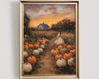 Pompoenpatch met landschapsprint | Cottagecore herfstmuurkunst (digitale download)