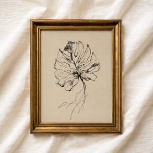 May include: A framed botanical art print featuring a detailed black and white pen and ink drawing of a monstera leaf. The artwork is set against a beige background and enclosed in a gold-colored wooden frame.