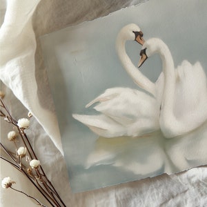 May include: A painting of two white swans with their necks intertwined, set against a soft blue background.