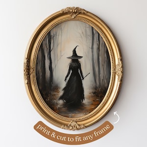 May include: A painting of a witch walking through a dark forest. The witch is wearing a black dress and a pointed hat. The forest is filled with tall trees and fog. The painting is framed in a gold oval frame.