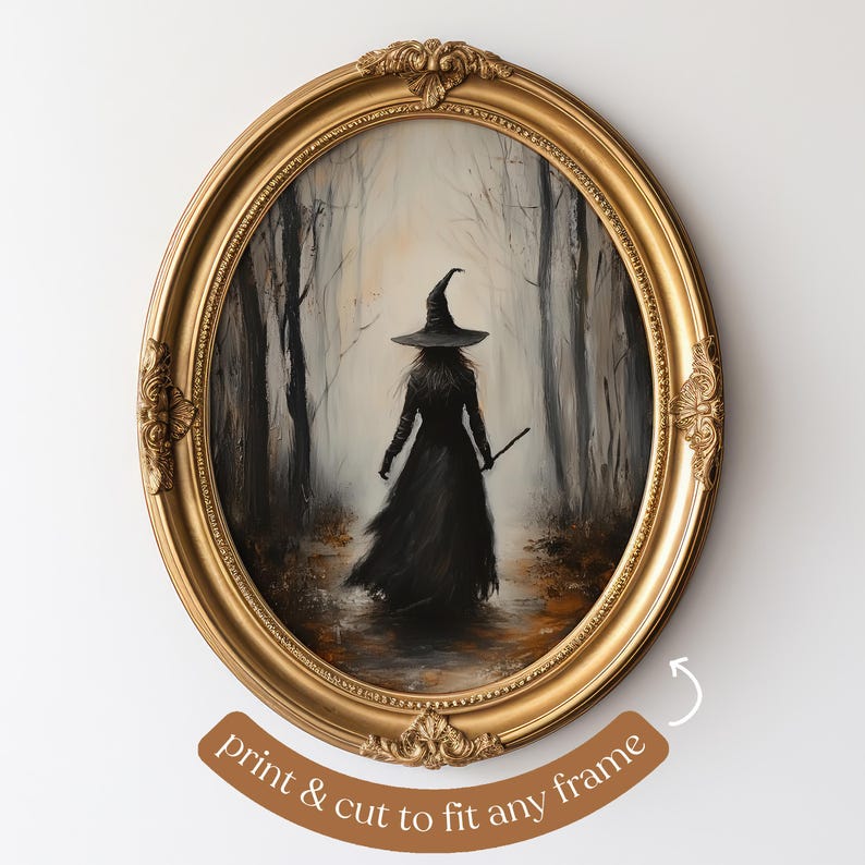 May include: A painting of a witch walking through a dark forest. The witch is wearing a black dress and a pointed hat. The forest is filled with tall trees and fog. The painting is framed in a gold oval frame.