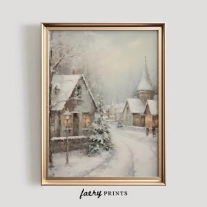 Winter Village Wall Art | Winter PRINTABLE Wall Art | Snowy Landscape Painting | Winter White Print | Small Town at Christmas Print | #674
