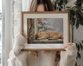 眠っている猫のクリスマスプリント | クリスマス猫の壁アート