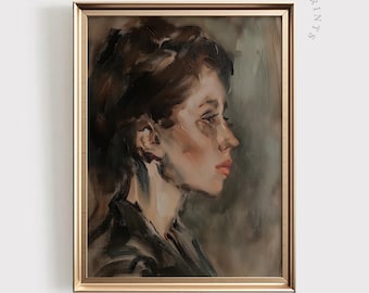 May include: A framed painting of a woman's profile in a muted color palette. The woman has brown hair and is wearing a dark shirt. The painting is done in a loose, impressionistic style.