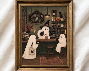 Ghost Coffee Shop Print: Halloween Kitchen Wall Art | Cute Ghost Cafe Decor, Spooky Espresso Art (Digital Download)