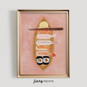 May include: A painting of a wooden boat filled with sushi. The sushi includes shrimp, salmon, and avocado. There is a lemon wedge on top of the sushi. The background is a light pink color.