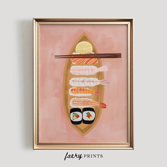 Sushi Boat Art Print | Pink Japanese Cuisine, Modern Kitchen (Printable)