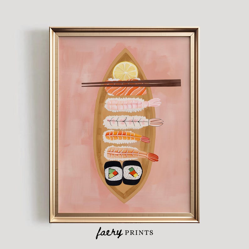 May include: A painting of a wooden boat filled with sushi. The sushi includes shrimp, salmon, and avocado. There is a lemon wedge on top of the sushi. The background is a light pink color.