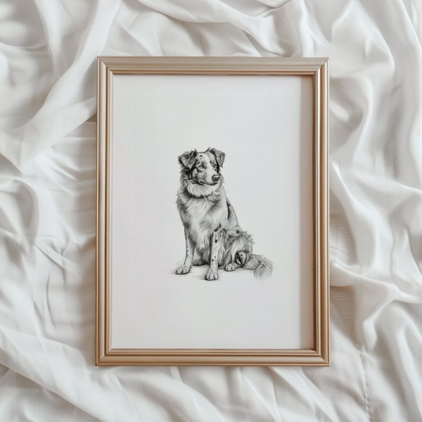Impresión de pastor australiano / Boceto de perro australiano / Arte de pared IMPRIMIBLE / Arte digital para mascotas / Decoración del hogar de animales / Dibujo de perro australiano / #796