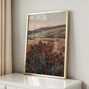 Vintage Moody Landscape at Dawn Print Deep Red PRINTABLE Wall Art Maroon Wildflower Painting Moody Red Pastoral Scenery Decor 866 image 6