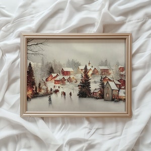 Impression d'hiver | Peinture de Noël à l'aquarelle | Art mural imprimable | Décoration d'intérieur festive pour les fêtes | Impression numérique de l'oeuvre d'art du village enneigé | #352