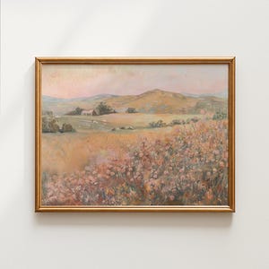 Pastelkleurige wilde bloemenlandschapsprint: lentebloemen plattelandslandschap | Zachtroze boerderijkunst (digitale download)