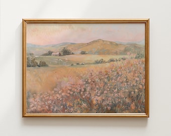 Pastell Wildblumen Landschaftsdruck: Frühling Blumen Landschaft | Rosa Farmhaus Kunst (Digitaler Download)