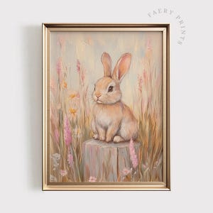 Easter Bunny Wildflower Print | Pastel Spring PRINTABLE Wall Art | Rabbit Painting for Nursery Decor | Peachy Pink Bunny Poster | #1275