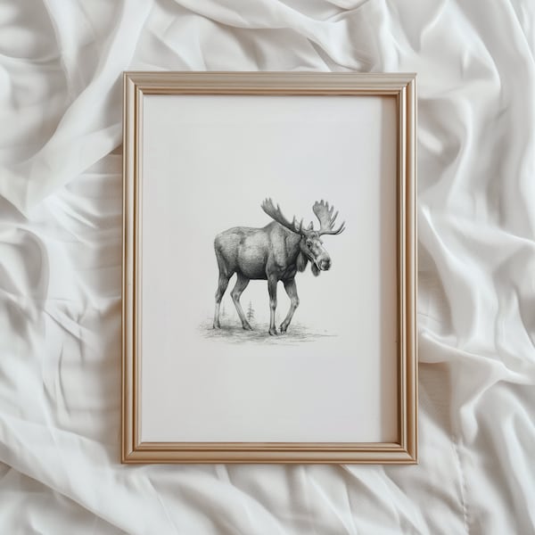 Moose Sketch | Antler Animal Print | PRINTABLE Wall Art | Wildlife Digital Artwork | Canadian Home Decor | Neutral Moose Drawing | #497