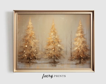 May include: A framed painting of three golden trees with white lights in a snowy forest setting.