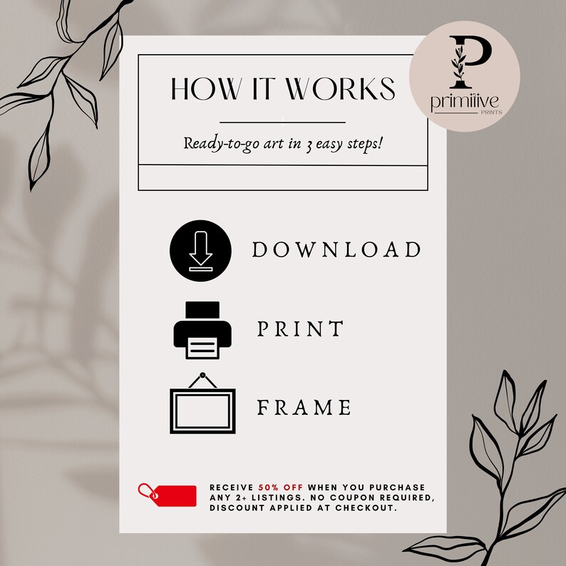 K&ouml;nnte beinhalten: Eine wei&szlig;e und schwarze Grafik mit dem Text "HOW IT WORKS" und "Ready-to-go art in 3 easy steps!" Die Grafik zeigt drei Schritte: Herunterladen, Drucken und Einrahmen. Die Grafik enth&auml;lt auch den Text "RECEIVE 50% OFF WHEN YOU PURCHASE ANY 2+ LISTINGS. NO COUPON REQUIRED, DISCOUNT APPLIED AT CHECKOUT."