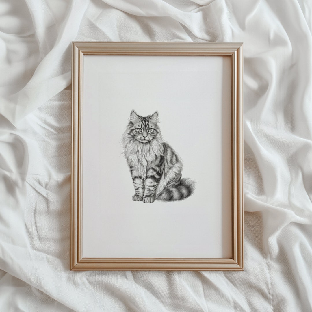 Siberian Cat Sketch | Cat PRINTABLE Wall Art | Black and White Pet ...