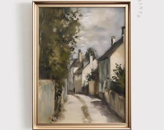European Village Street Oil Painting | Printable Vintage Wall Art