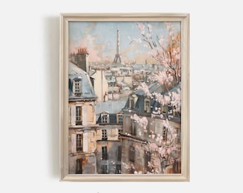 Paris Rooftop Print | Spring Cherry Blossoms, Eiffel Tower (Digital Download)