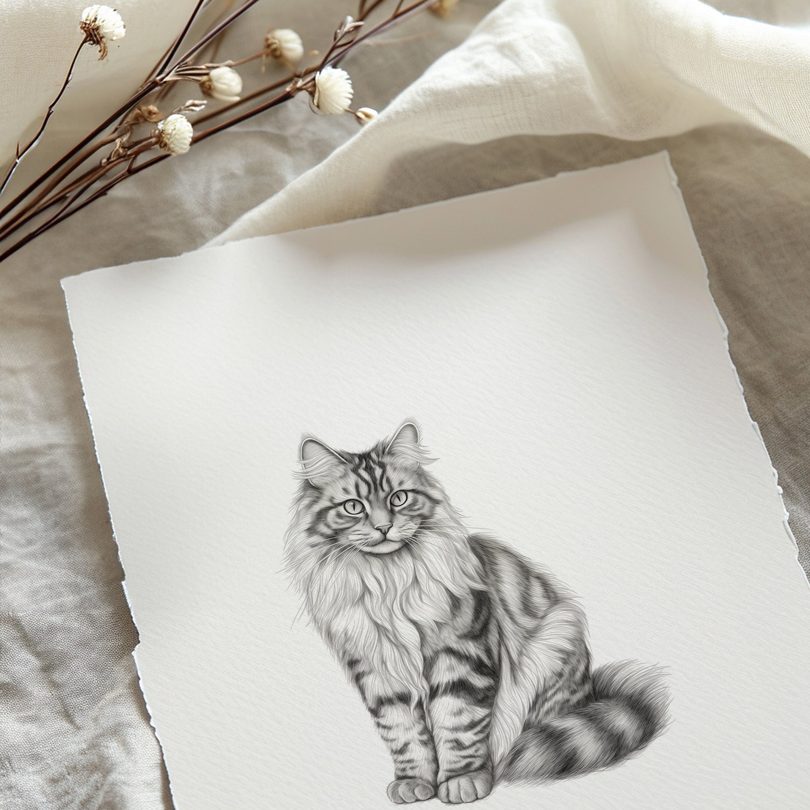 Siberian Cat Sketch | Cat PRINTABLE Wall Art | Black and White Pet ...