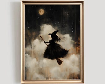 Hexe fliegt über den Mond Kunstdruck | Halloween Printable (Digitaler Download)