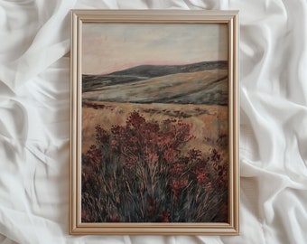 Vintage Moody Landscape at Dawn Print | Deep Red PRINTABLE Wall Art | Maroon Wildflower Painting | Moody Red Pastoral Scenery Decor | #866