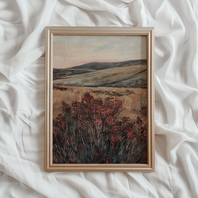 Vintage Moody Landscape at Dawn Print Deep Red PRINTABLE Wall Art Maroon Wildflower Painting Moody Red Pastoral Scenery Decor 866 image 1