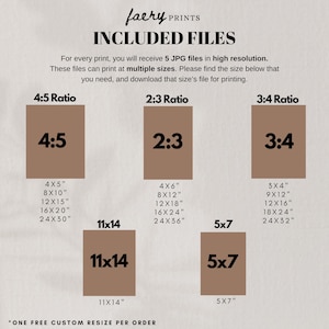May include: A graphic showing different print sizes for digital downloads. The sizes are listed in inches, with the ratios 4:5, 2:3, and 3:4. The text "One free custom resize per order" is at the bottom.