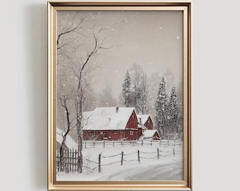 Afdrukbare kunst winterboerderij | Vintage rode schuur kerstdecor (digitaal)