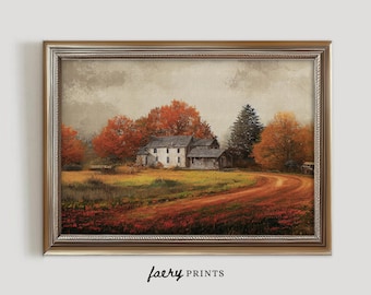May include: A framed painting of a white farmhouse with a red roof, surrounded by autumn trees and a winding path. The trees are in shades of orange, red, and yellow, and the sky is a soft blue.