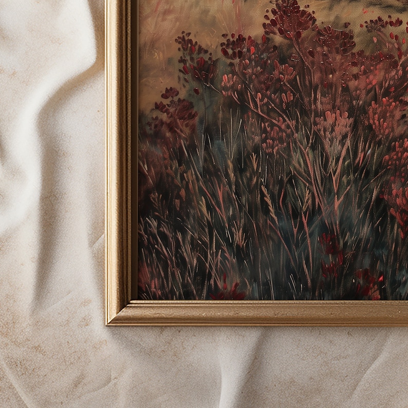 Vintage Moody Landscape at Dawn Print Deep Red PRINTABLE Wall Art Maroon Wildflower Painting Moody Red Pastoral Scenery Decor 866 image 5