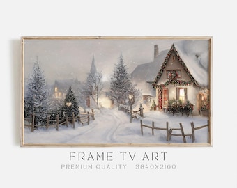 May include: A snowy winter scene with a small cottage decorated with Christmas lights. The cottage has a red door and windows, and there are snow-covered trees and a path leading to the front door.