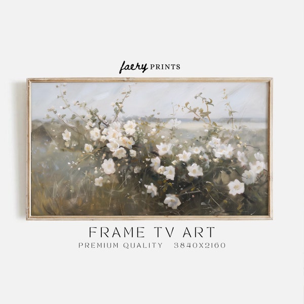 White Wildflower Samsung Frame TV Art | Country Landscape Art for the Frame TV | Vintage Painting Digital Download TV Art | S257