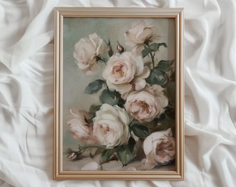 Pink Roses Painting | Vintage PRINTABLE Wall Art | Roses in Bloom Print | Romantic Dark Academia Print | Antique Light Petal Print | #772