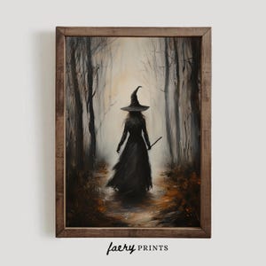 May include: A painting of a witch walking through a dark forest. She is wearing a black dress and a pointed hat. The forest is filled with tall trees and fog.