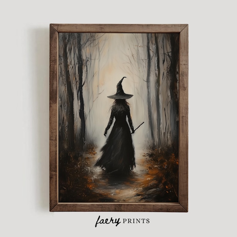 May include: A painting of a witch walking through a dark forest. She is wearing a black dress and a pointed hat. The forest is filled with tall trees and fog.