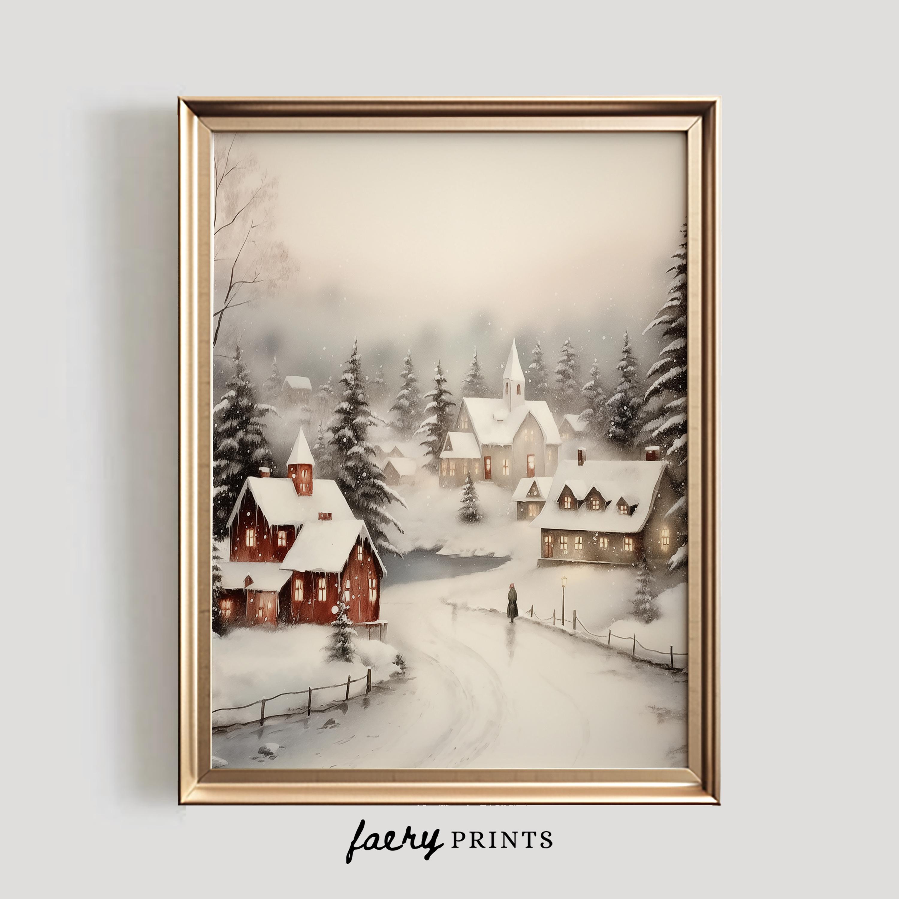 Winter Village Watercolor Painting | Snowy Holiday Home Decor (digital ...