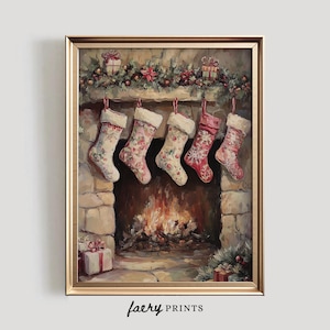Christmas Stockings Print | Holiday PRINTABLE Wall Art | Cozy Fireplace Decor | Vintage Christmas Scene | Digital Download | #1083