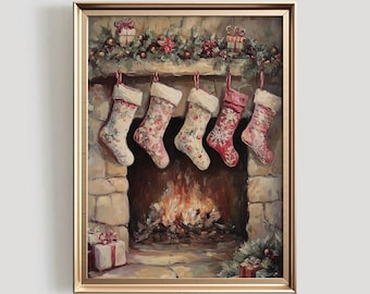 Vintage Christmas Stockings Fireplace Print | Holiday Wall Art (Digital Download)