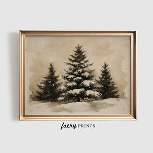 May include: A watercolour painting of three snow-covered pine trees with a vintage, rustic aesthetic. The trees are depicted against a light brown background with a subtle, faded effect.