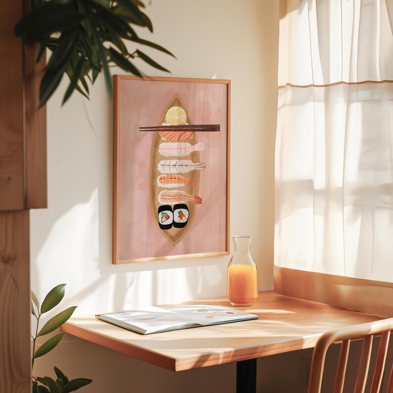 May include: A framed illustration of a pink background with a wooden boat filled with sushi and shrimp. The boat is on a pink background with a lemon slice on top. The illustration is framed in a wooden frame.