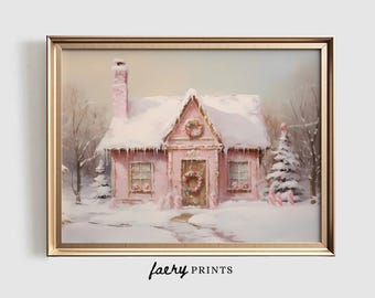 Pink Gingerbread House Print | Christmas Oil Painting (Printable Art)