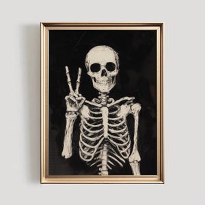 Skeleton Print | Halloween PRINTABLE Wall Art | Spooky Halloween Decor | Halloween Poster | Skeleton Peace Sign Digital Download | #1006