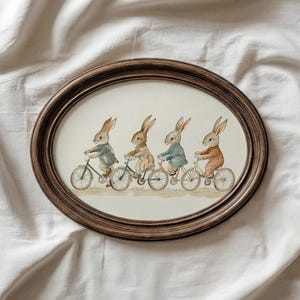 Fiets konijntjes kinderkamer print: vintage neutraal babykamer decor, peuter kinderkamer slaapkamer kunst (digitale download) afbeelding 4