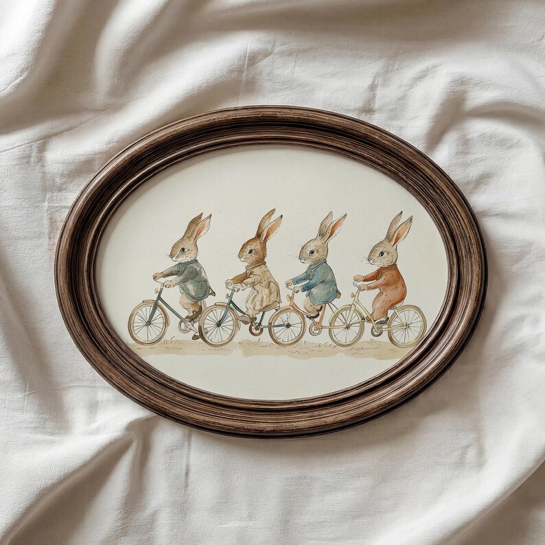Fiets konijntjes kinderkamer print: vintage neutraal babykamer decor, peuter kinderkamer slaapkamer kunst (digitale download) afbeelding 4