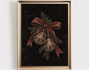 Vintage Christmas Bells PRINTABLE Wall Art: Moody Winter Print, Rustic Farmhouse Christmas Art (Digital Download)