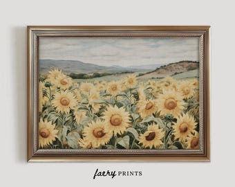 May include: A framed painting of a field of sunflowers in various shades of yellow. The sunflowers are in bloom and the background is a soft blue sky with rolling hills.